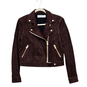 IRO Kolmargs Suede Moto Jacket Womens 38 6 Dark Chocolate Brown Excellent Gold